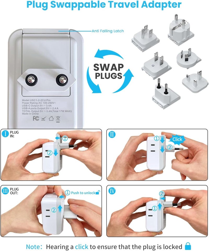 VINTAR مجموعة محول السفر العالمي، محول طاقة دولي مع 4 مآخذ AC و 3 منافذ USB (2 USB C)، نوع A، B، C، E/F، G، I، ملحقات قابلة للتبديل، محول سفر عالمي لأوروبا/المملكة المتحدة/أستراليا/اليابان/أفريقيا - Image 3